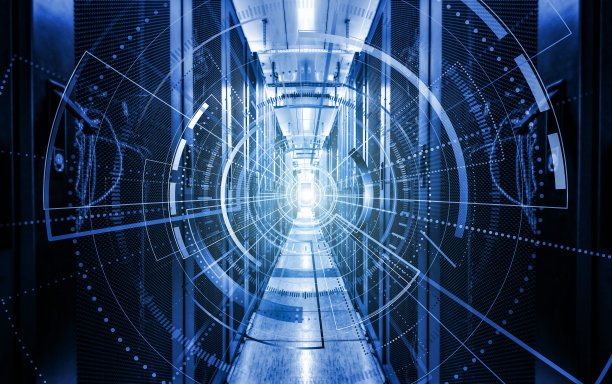 现代数字图形全息图飞越服务器室数据中心。编程数据设计元素。，大数据存储概念和云计算技术。图片下载