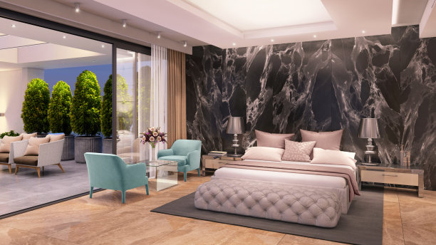 豪华的卧室内部有大露台图片下载