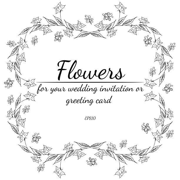 花环黑色玫瑰或牡丹花和枝在白色背景。为邀请，贺卡，海报，博客等设计的框架元素。手绘矢量插图。线的艺术。草图图片下载