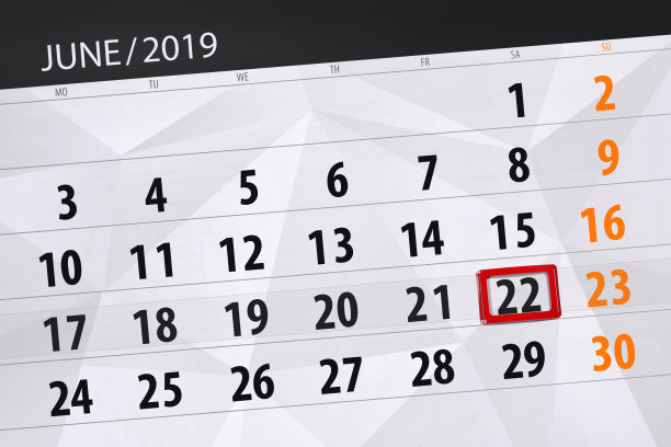 2019年6月的日历计划，截止日期，22日，周六素材图片