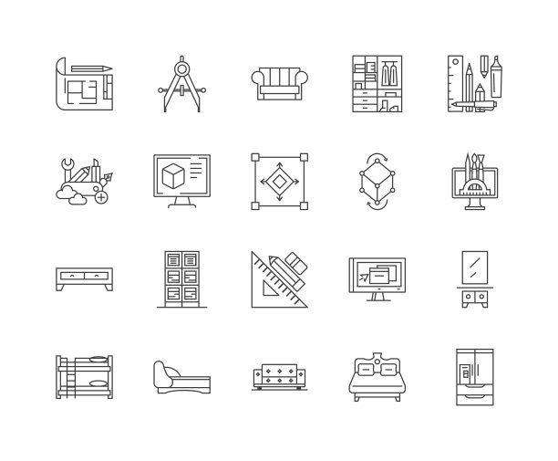 家具制作线条图标，标志，向量集，轮廓插图的概念图片下载