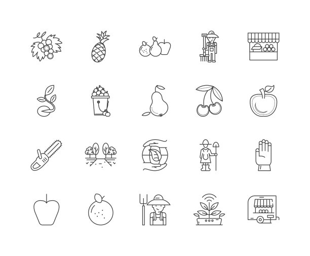 蔬菜水果商和水果销售商线图标，标志，向量集，大纲插图概念图片下载