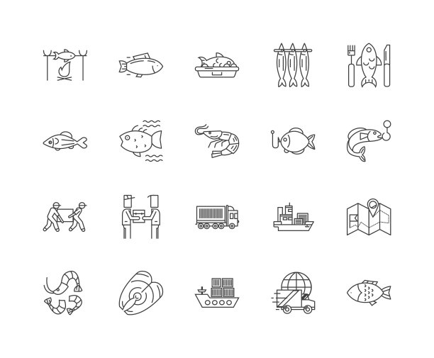 鱼和供应商线图标，标志，矢量集，大纲插图的概念图片下载
