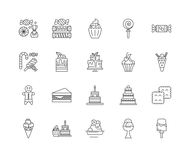 美食糖果车线图标，标志，矢量集，轮廓插图的概念图片下载