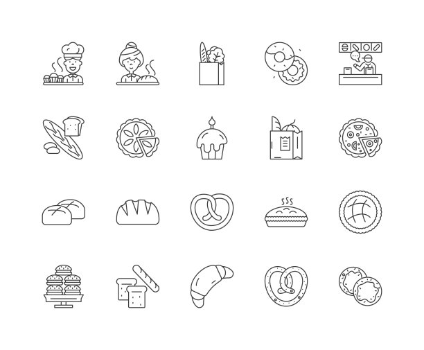 家庭烘焙生产线图标，标志，向量集，轮廓插图的概念图片下载