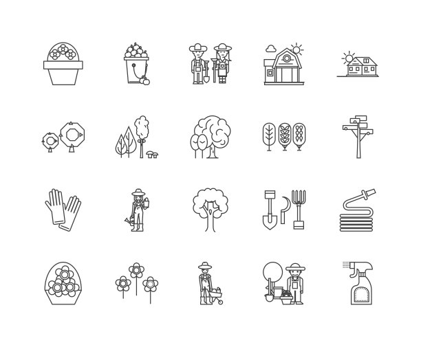 花园中心线图标，标志，向量集，大纲插图概念图片下载