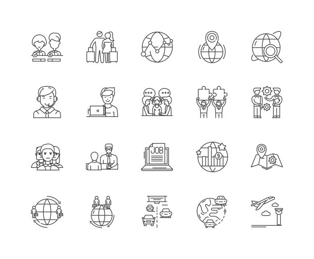 入境事务处线图标、标志、矢量集、轮廓插图概念图片下载