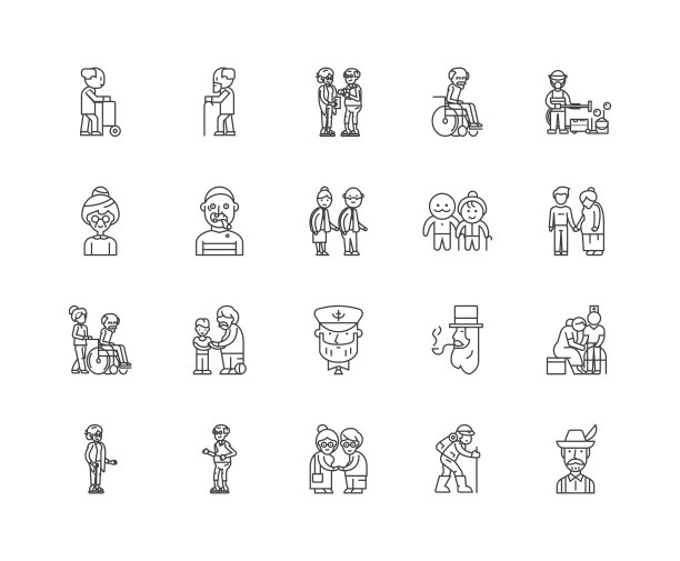 Elderl线条图标、标志、矢量集、轮廓插图概念图片下载