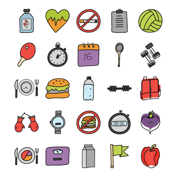 健身和健康涂鸦图标包图片下载