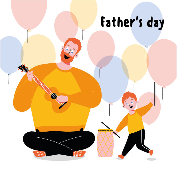 父亲和孩子一起玩吉他和鼓图片下载