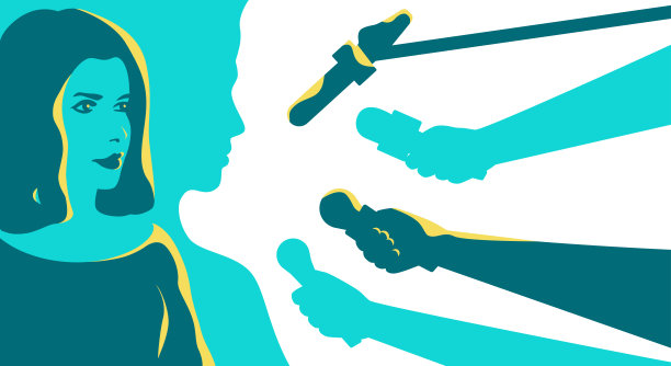 女人采访。人类的轮廓。程式化的复古风格。波普艺术的人。侧面图。模板。简单现实的最小设计。与麦克风。平面风格矢量插图。图片下载