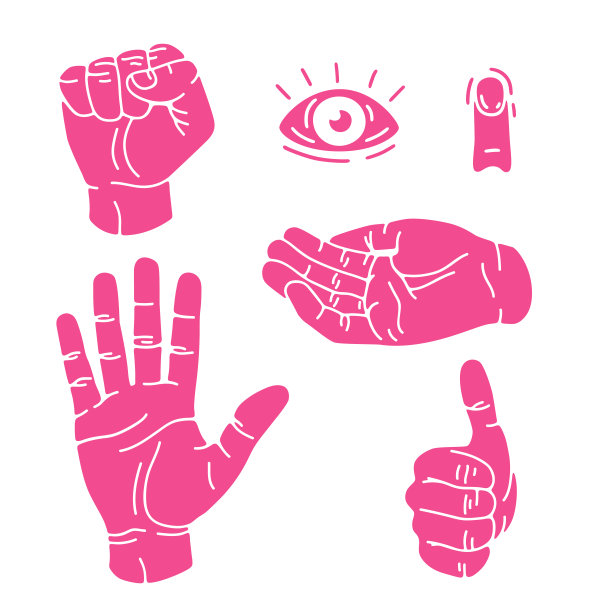 手势是孤立的。手掌，拳头，拇指向上，杯状手，手指。现代的漂亮的风格。现实的。平面风格矢量插图。行符号和图标。人的手的不同位置。图片下载