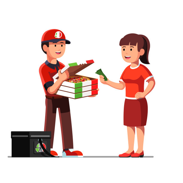 微笑的快递员快递员展示美味的外卖披萨在纸板箱给客户。给快递员现金的女人。披萨外卖服务。平面风格矢量插图图片下载