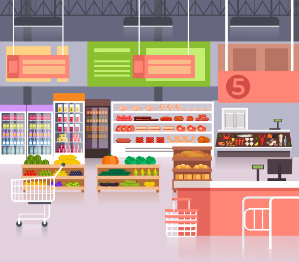 大空食品超市概念。矢量平面卡通图形设计插图图片下载