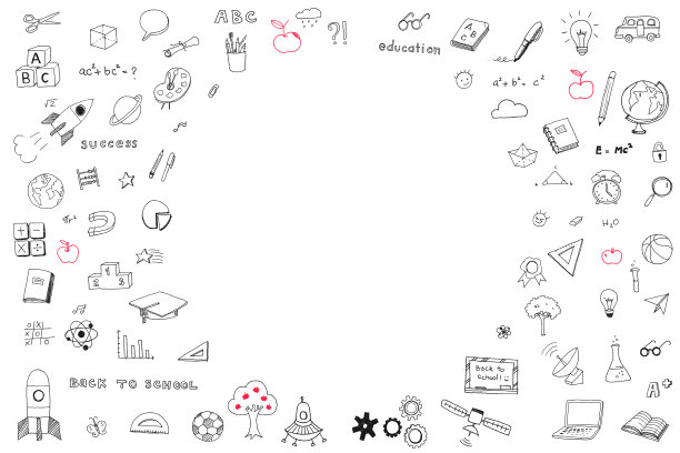 Childrenâ的童年创意和学校教育的成功理念与studentâ的手绘涂鸦在白色的墙壁背景与空白的copyspace图片下载