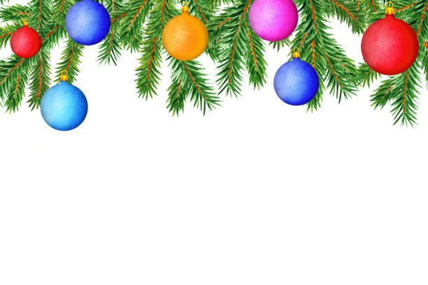 圣诞树的树枝，五颜六色的球。水彩图片下载