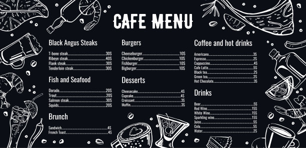 咖啡馆菜单设计模板与清单的肉，鱼，汉堡，饮料，咖啡和甜点。轮廓矢量手绘草图插图与不同的食物在黑板的背景上图片下载