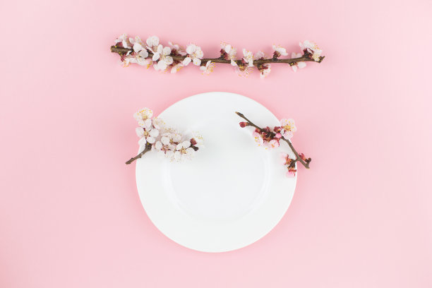 白色的盘子在粉红色的背景与春天的花朵。图片下载