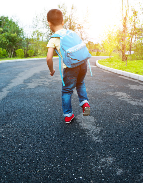 亚洲小男孩背着背包去上学图片下载