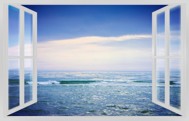 平静的大海在一个晴朗的日子-概念图像从一个白色的窗户图片下载