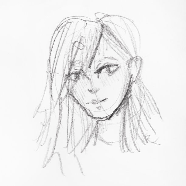 一头长发的女孩的头部素描图片下载