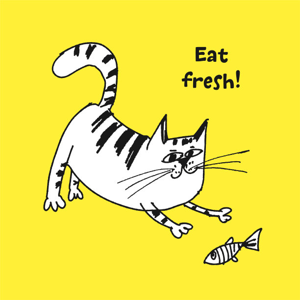 猫玩鱼素描矢量插图图片下载