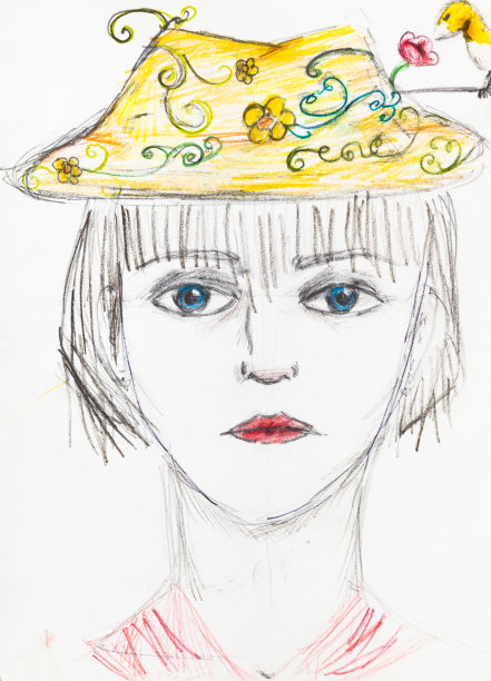 戴着黄色帽子的蓝眼睛女孩的肖像图片下载