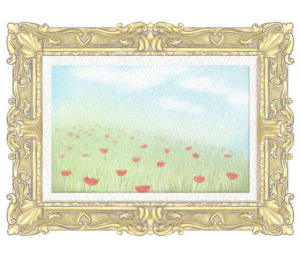 水彩和铅笔画与夏季景观在金色矩形框架图片下载