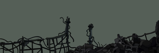 画了破碎的旧金属栅栏和废墟图片下载