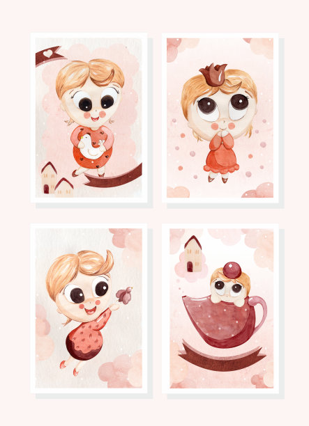 一套水彩模板贺卡与一个小女孩图片下载