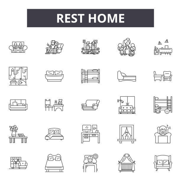 休息家线图标，标志，向量集，线性概念，大纲插图图片下载