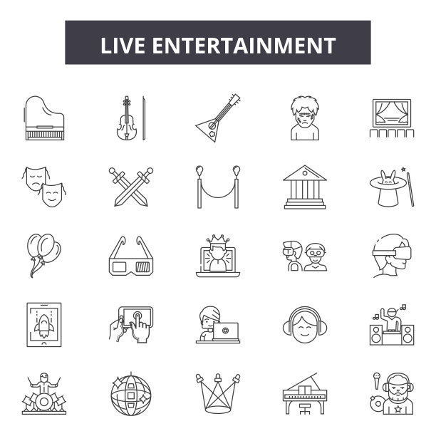 现场娱乐线图标，标志，向量集，线性概念，大纲插图图片下载