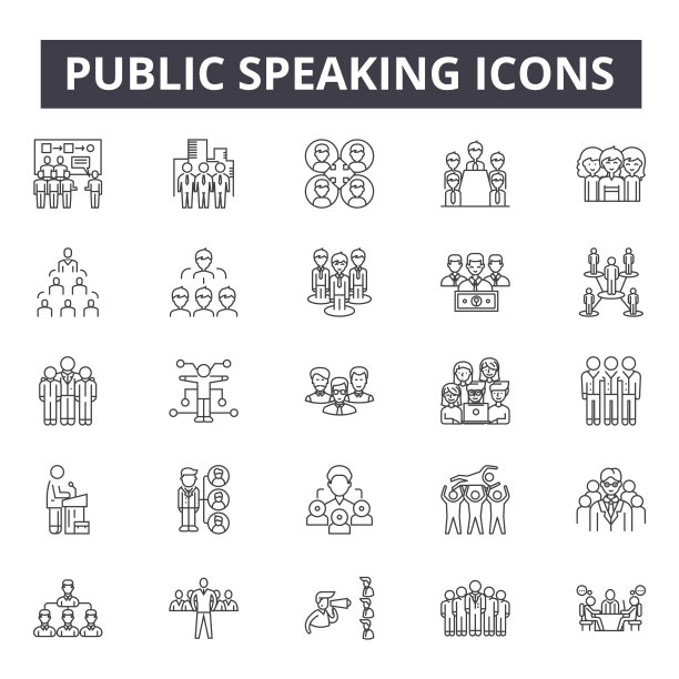 公共演讲线图标，标志，向量集，线性概念，大纲插图图片下载