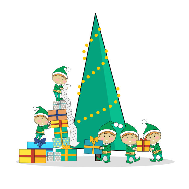 圣诞精灵在圣诞树旁包装礼物图片下载