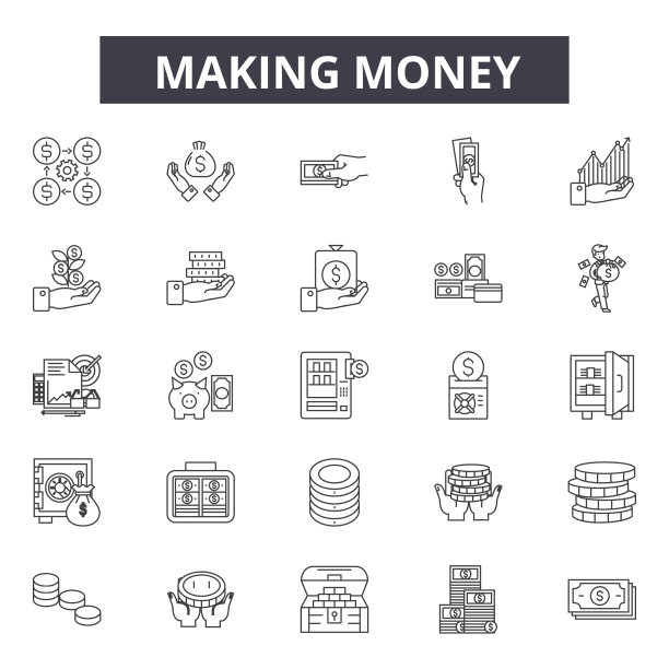 赚钱线图标，符号，矢量集，线性概念，轮廓插图图片下载