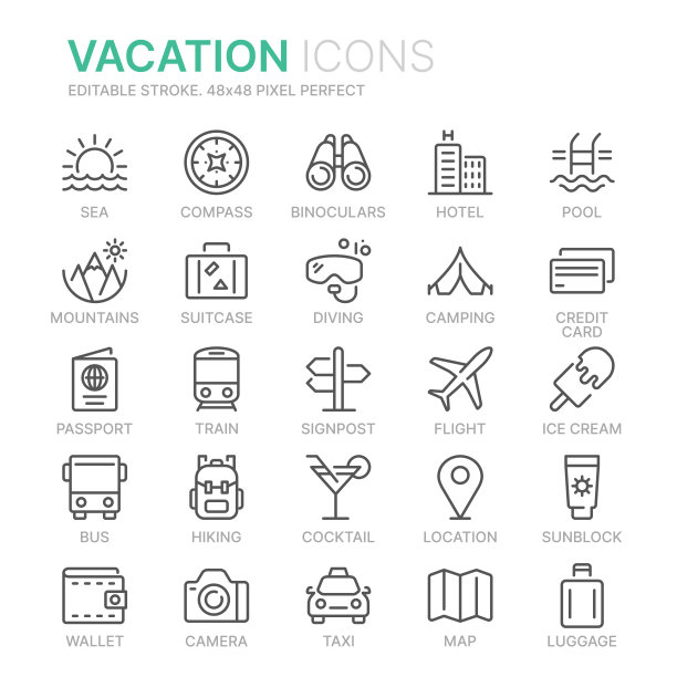度假线路图标的集合。48 x48像素完美。可编辑的中风图片下载
