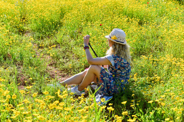 一个女人坐在草地的花丛中看书。图片下载