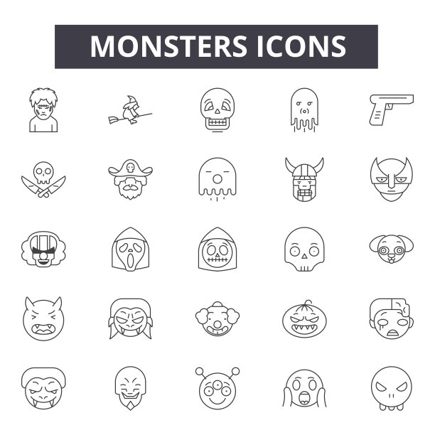 怪物概念线性图标、标志、矢量集、线性概念、轮廓插图图片下载