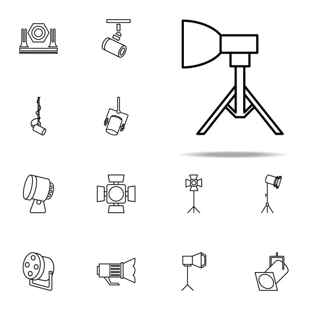 三脚架光图标。聚光灯图标普遍设置为网络和移动图片下载
