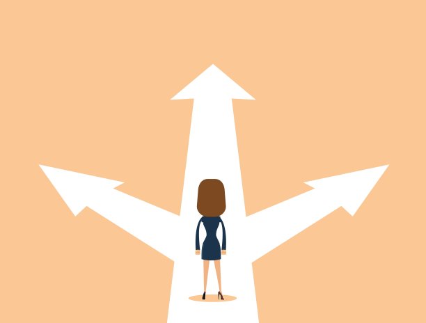 业务决策概念矢量图。商人站在十字路口用三个箭头和方向。年代图片下载