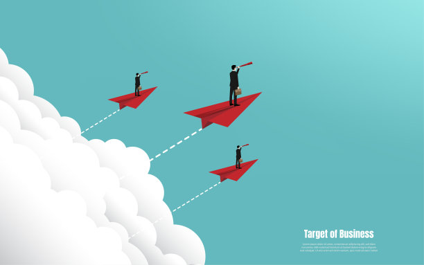 商人捧着双眼站在纸飞机上飞向成功图片下载
