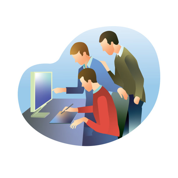 三个员工在显示器上讨论工作图片下载