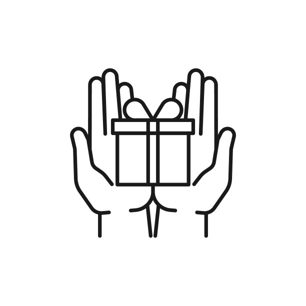 黑色孤立轮廓图标的礼品盒在白色的背景。线图标的礼盒和两个打开的手。给予，做一个礼物。图片下载