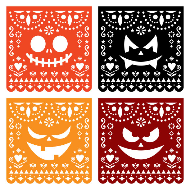 万圣节Papel Picado设计与南瓜可怕的面孔，墨西哥剪纸图案收集- Dia de Los Muertos，亡灵节图片下载