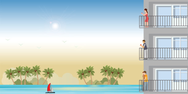 海滩上的现代公寓，在夕阳下休息的人们。图片下载