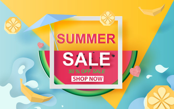 西瓜夏季促销横幅的插图。最多打五折。特别提供创意设计剪纸和工艺风格的卡片和海报色彩丰富。假日热带概念。矢量图图片下载