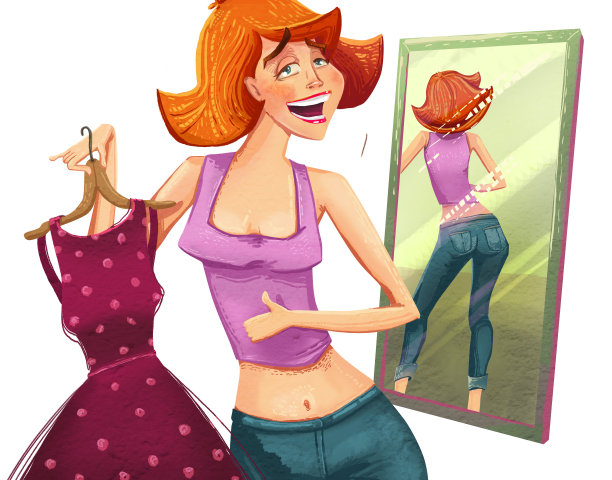 年轻女子拿着红衣服和镜子图片下载