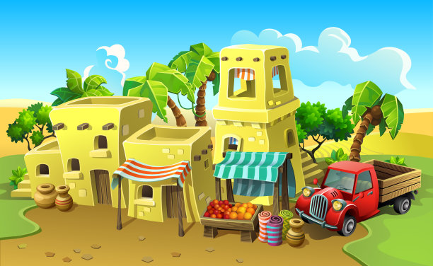 石头房子在沙漠里的沙子和棕榈树之间。图片下载