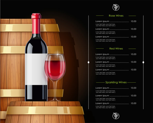 木桶，装有酒瓶和酒杯。保持容器。矢量插图。图片下载