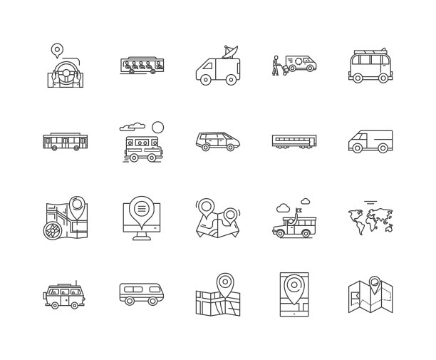 巴士线图标，线性标志，矢量集，大纲概念插图图片下载